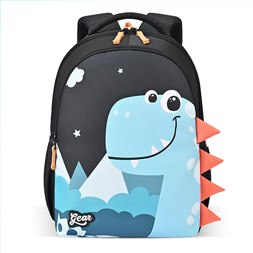 Gear Happy Dino 15/20L Small Water Resistant School Bag | Casual Backpack | Daypack | Travel Backpack | Kids Bag for Boys/Girls (Black - Orange)