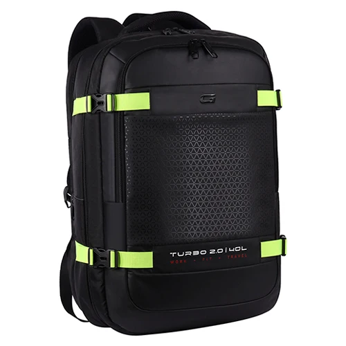 Gear Turbo 45 19/40L Large Water Resistant Faux Leather Anti Theft Laptop Backpack | Travel backpack | Casual Backpack for Men/Women - (Black - Fl. Green)