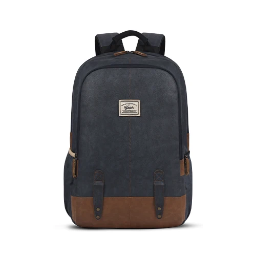 Classic 18 faux leather anti theft laptop backpack (NAVY BLUE TAN)