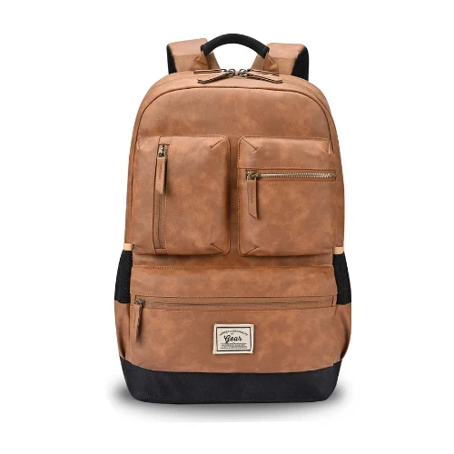 Gear Vintage Boxy 18/26L Medium Faux Leather Water Resistant Laptop Backpack/Casual Bag/Daypack/College Backpack/Travel Backpack For Men/Women (Tan - Black)