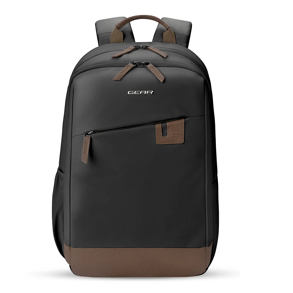 Gear Compact 17.5 Large Faux Leather Water resistant Laptop Backpack | Travel Backpack | Casual Backpack for men/women (Black - Brown)