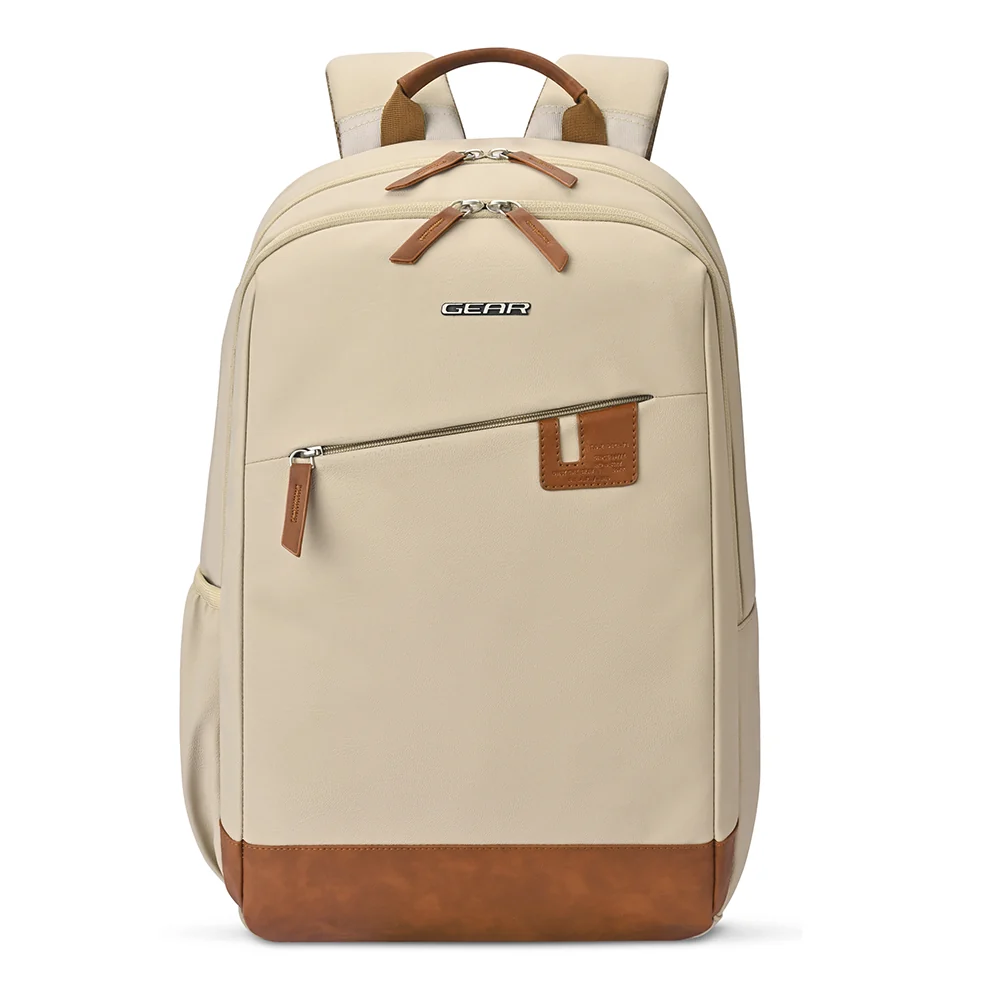 Gear Compact 17.5 Large Faux Leather Water resistant Laptop Backpack | Travel Backpack | Casual Backpack for men/women (Cream - Tan)