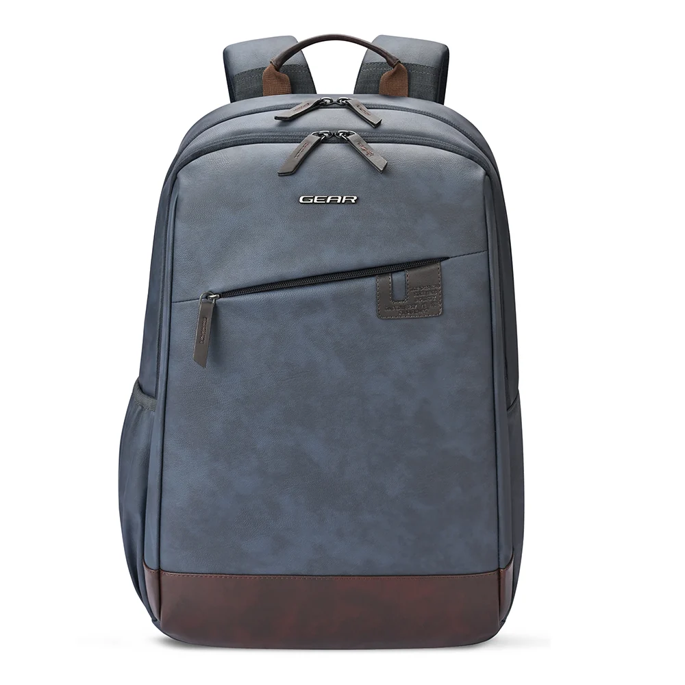 Gear Compact 17.5 Large Faux Leather Water resistant Laptop Backpack | Travel Backpack | Casual Backpack for men/women (Navy - Brown)